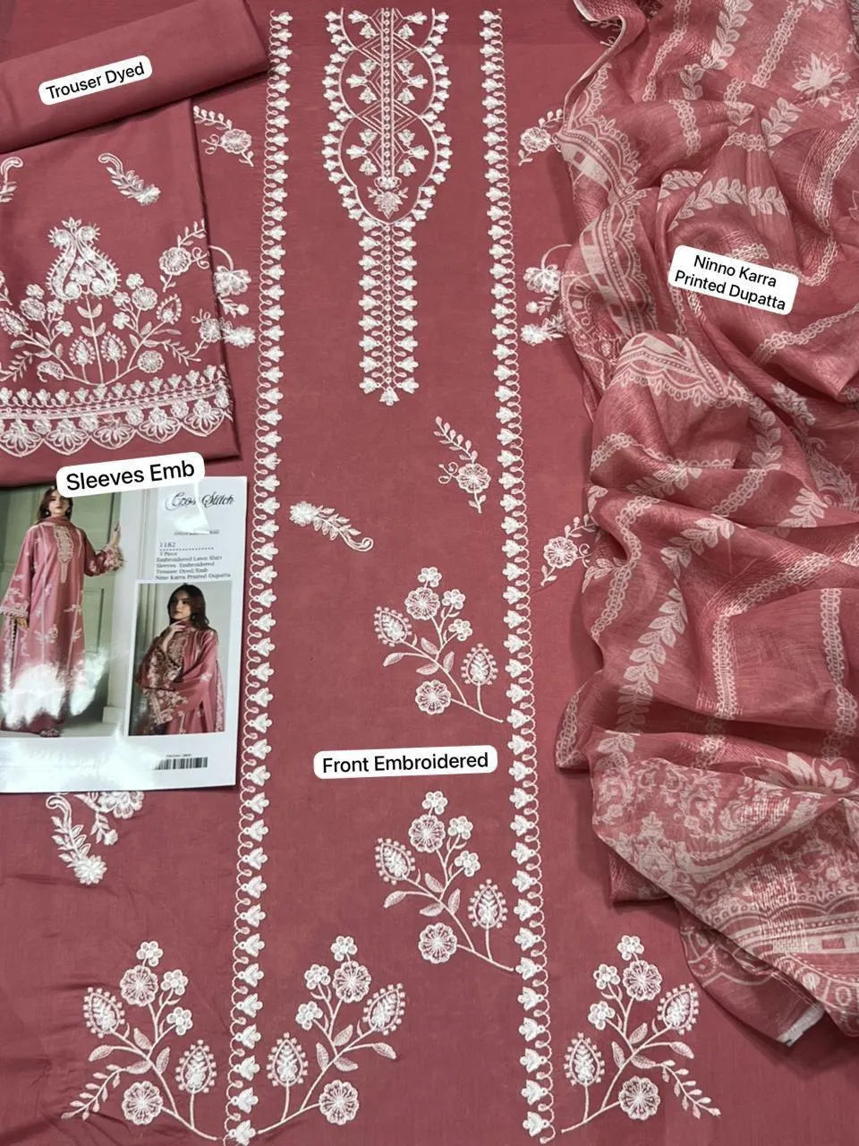 Pink Embroidered Lawn 3Pc Set for women