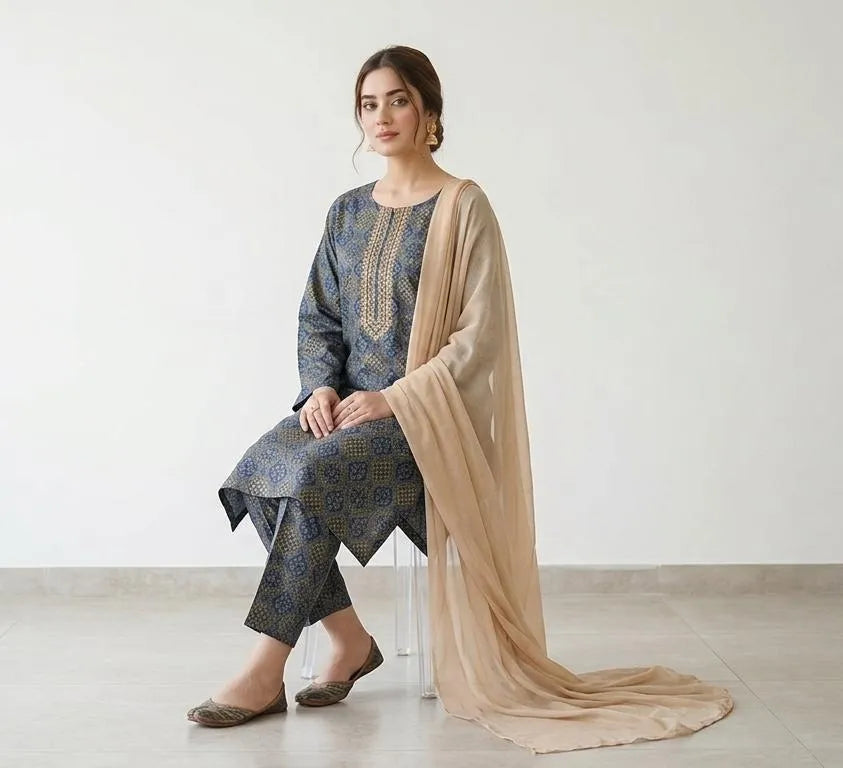 Grey Black Printed-3 Piece Arabic Lawn Set