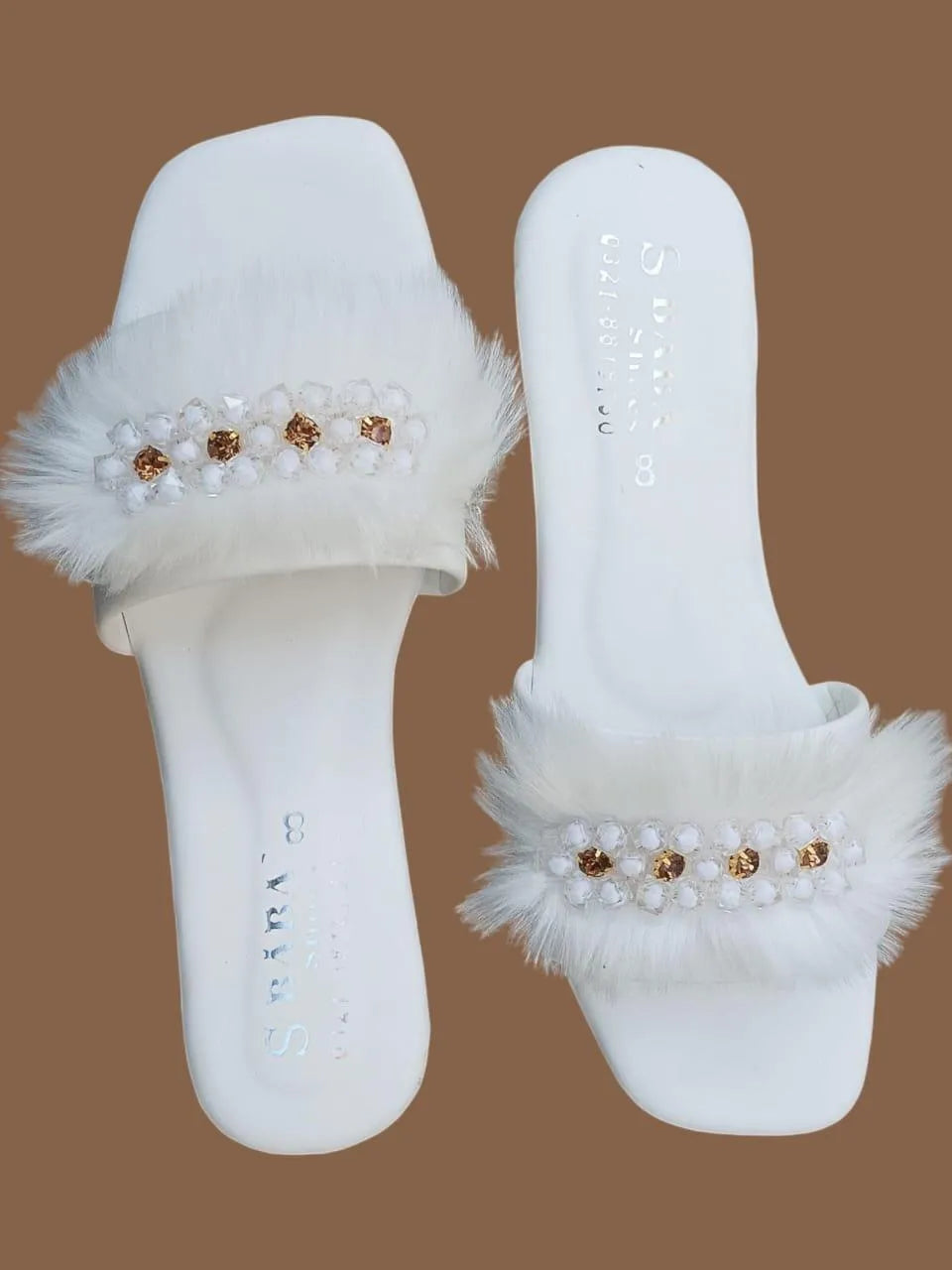 *Product Name*: White Fluffy Slippers with Crystal Embellishments for Women