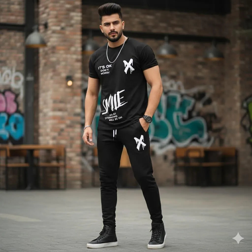 Men Black Printed Track Suit Summer Sale
