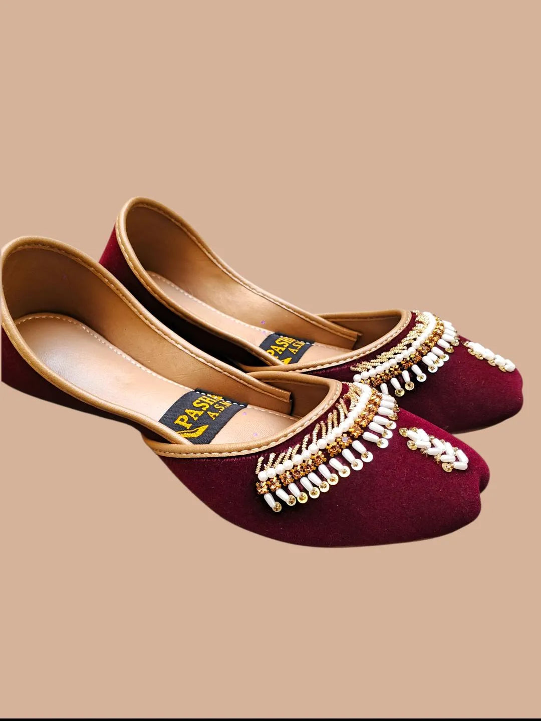 Woman's velvet Rhinestone khussa Maroon Fancy Foral Party Wear