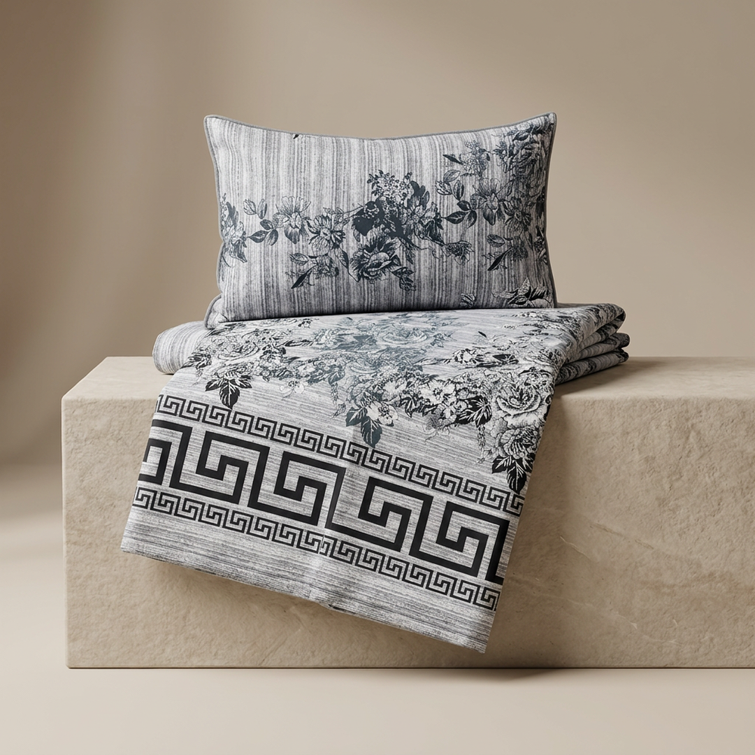 Grey printed crystal patan single bed sheet with Pillow cover
