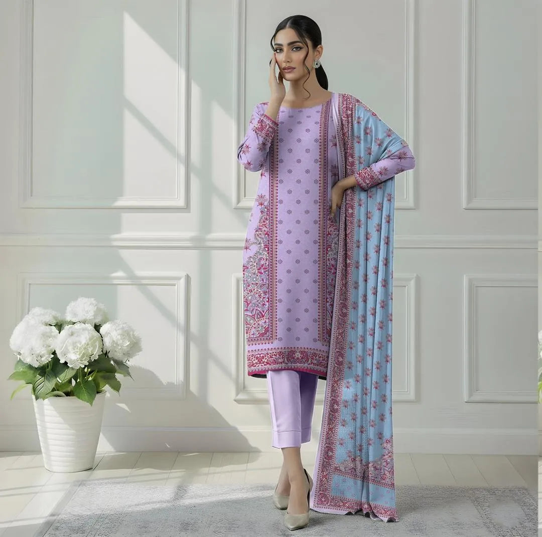 Pink Printed-3 piece Dobby Lawn Suit Sat