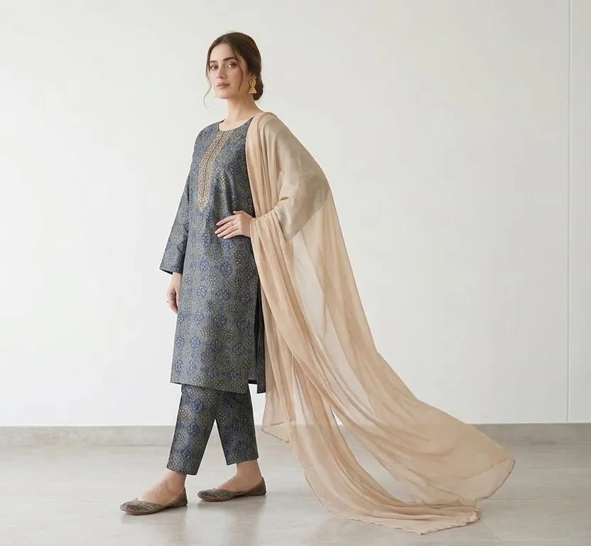 Grey Black Printed-3 Piece Arabic Lawn Set