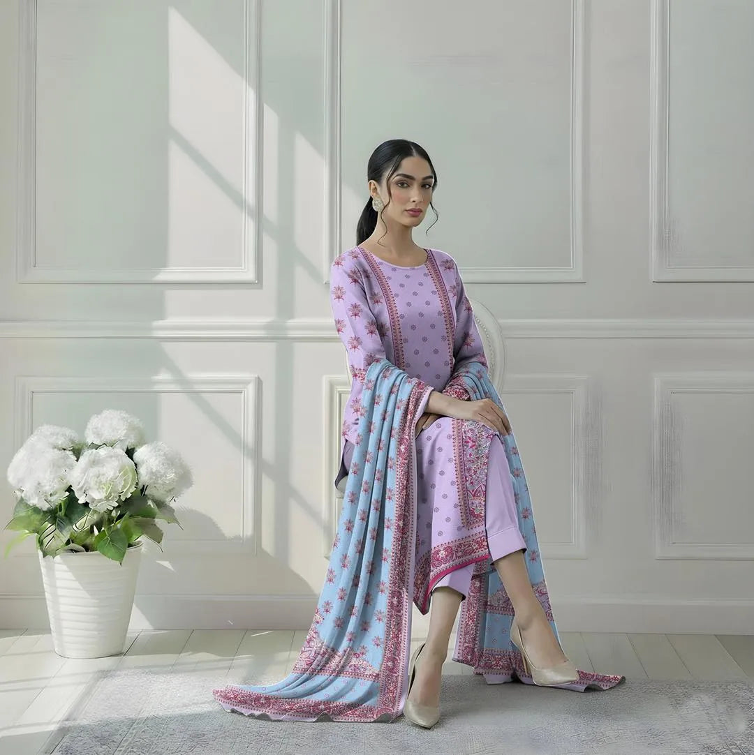 Pink Printed-3 piece Dobby Lawn Suit Sat